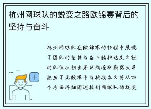 杭州网球队的蜕变之路欧锦赛背后的坚持与奋斗